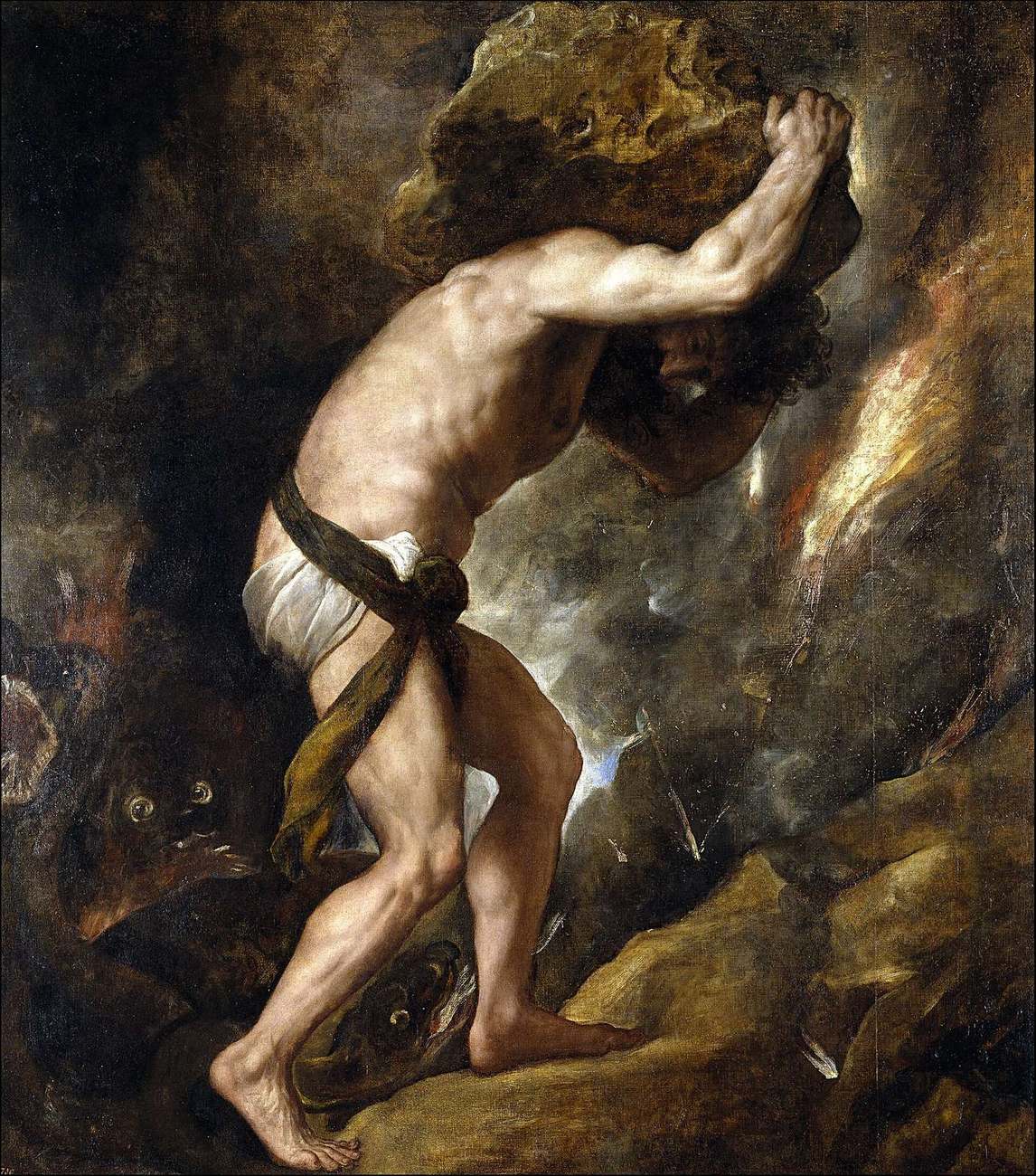 Tycjan, „Syzyf" — skazaniec dźwiga ogromny głaz przez mroki podziemia; za chwilę kamień znów się stoczy · źródło: Tycjan, Wikimedia Commons, domena publiczna