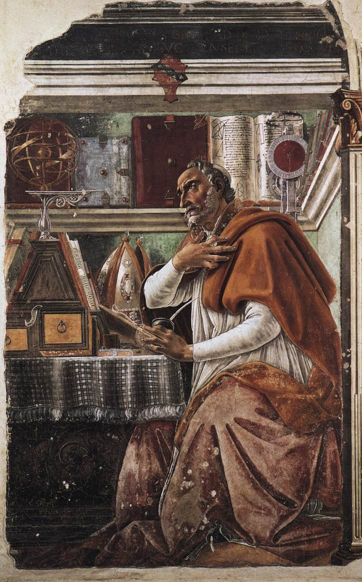Św. Augustyn w pracowni — fresk Sandra Botticellego (ok. 1480, kościół Ognissanti we Florencji) · źródło: Wikimedia Commons, domena publiczna