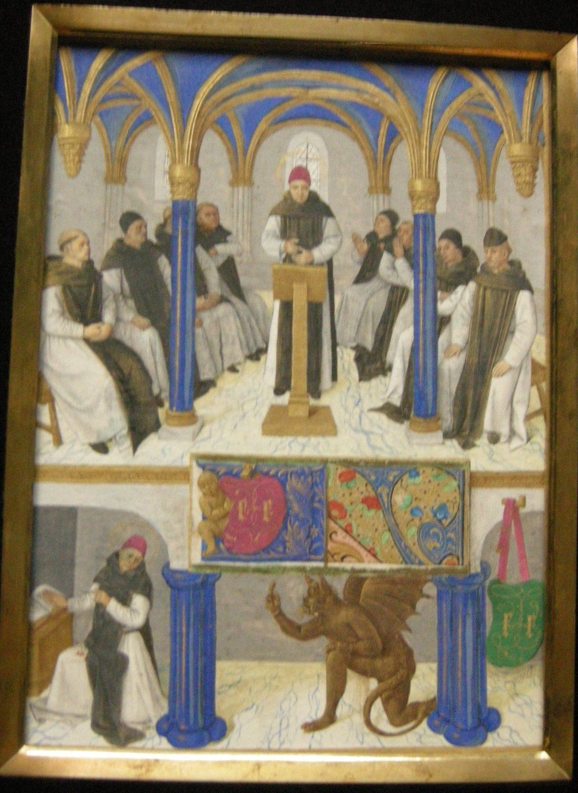 Bernard z Clairvaux naucza mnichów w kapitularzu — iluminacja Jeana Fouqueta z Godzinek Étienne’a Chevaliera (XV w.) · źródło: Wikimedia Commons, CC BY-SA 3.0