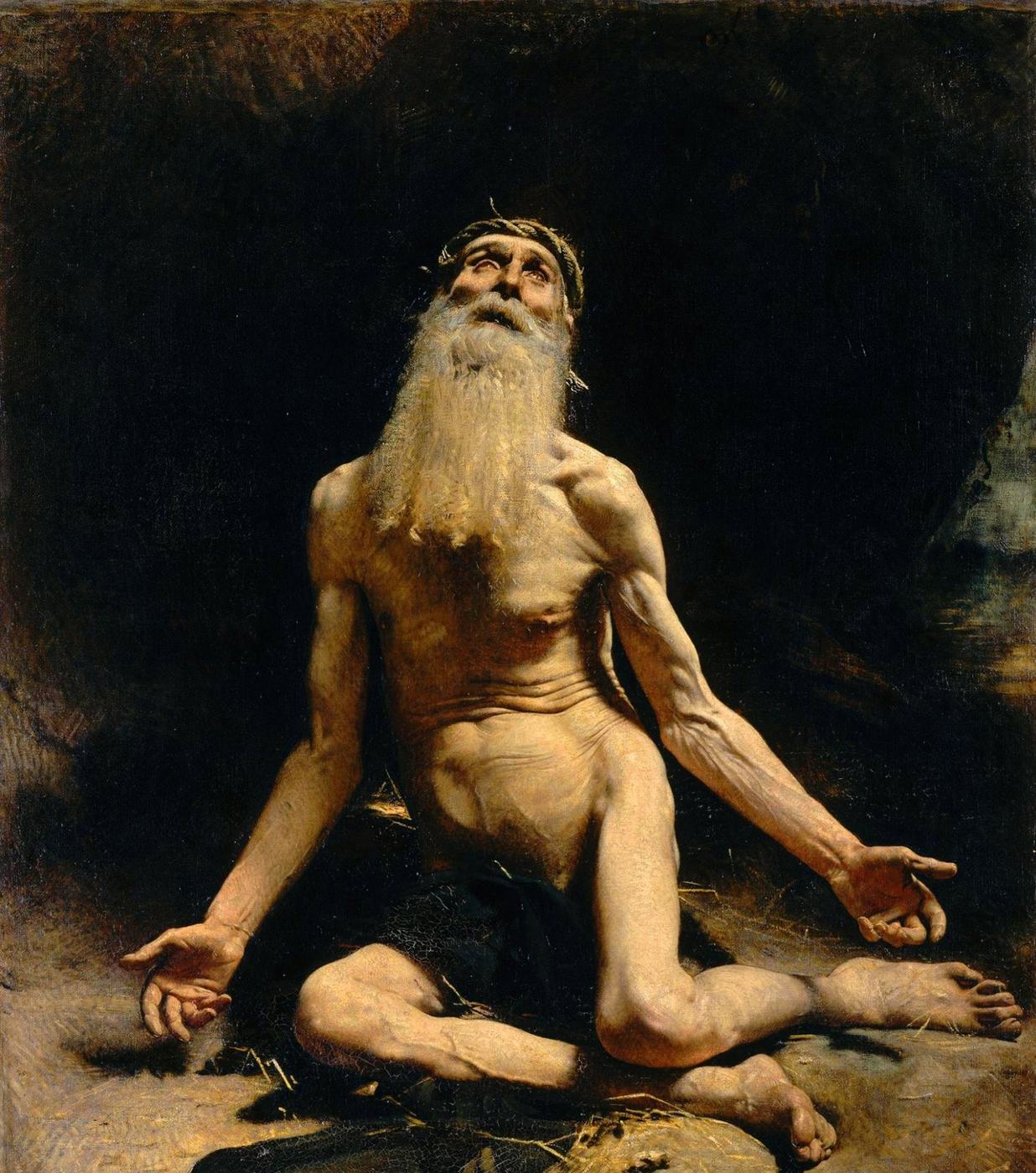 „Hiob” Léona Bonnata (1880): wychudzony starzec w ciemności wznosi oczy ku górze · źródło: Wikimedia Commons, domena publiczna