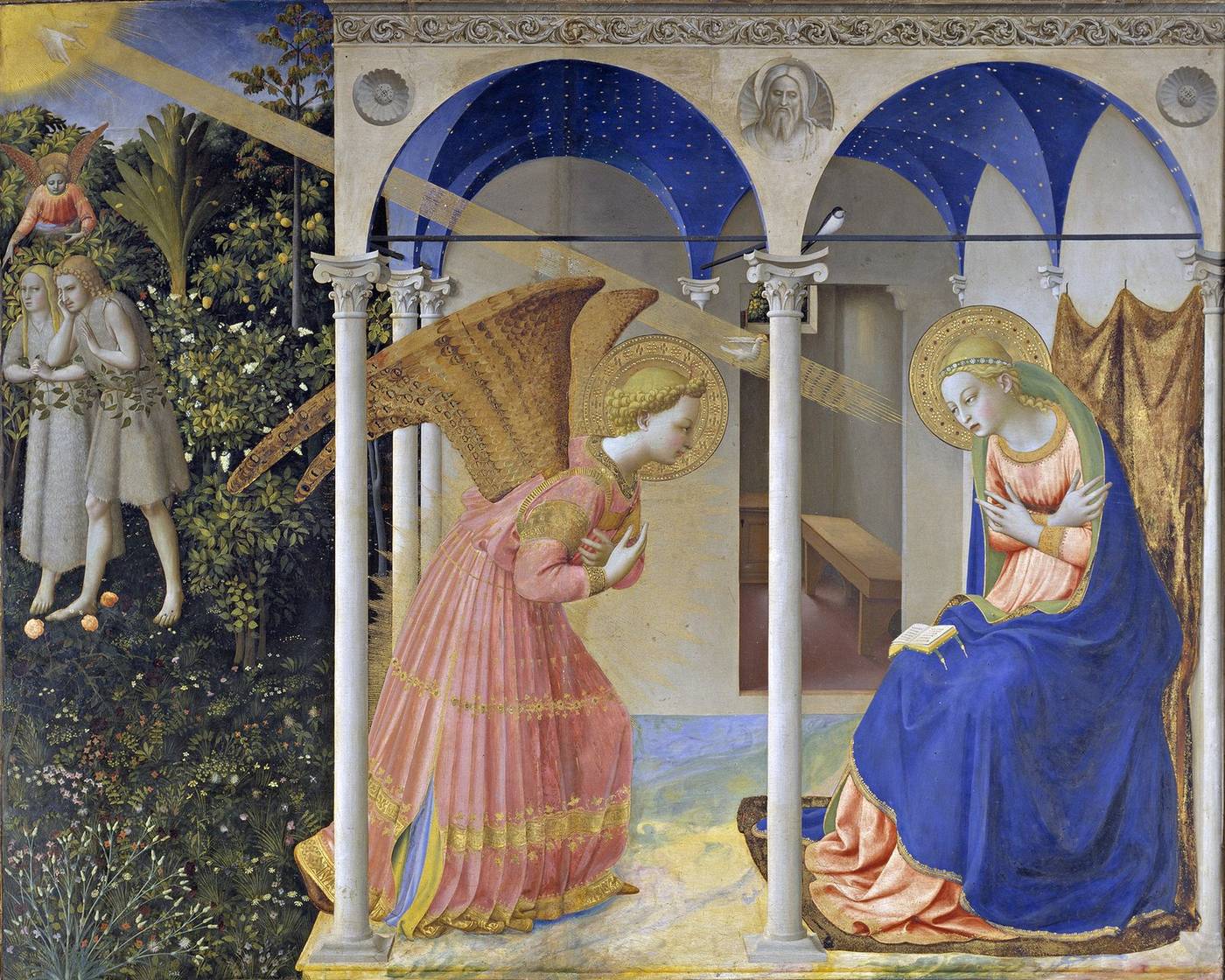 „Zwiastowanie” Fra Angelica (ok. 1426, Prado): anioł pochyla się przed Maryją pod arkadami; po lewej scena wygnania z raju · źródło: Wikimedia Commons, domena publiczna