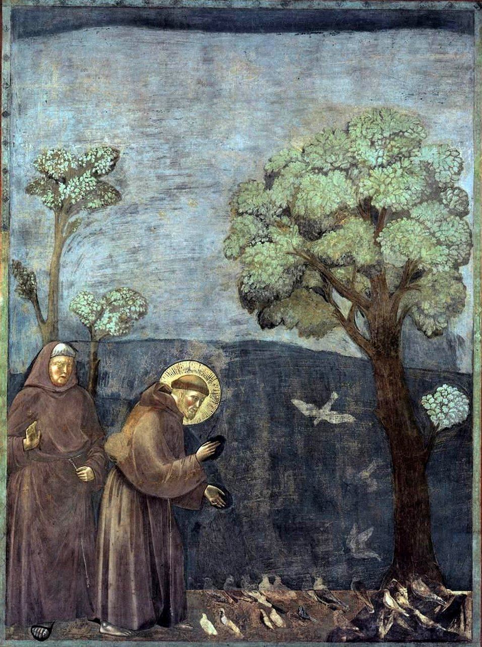 „Kazanie do ptaków” — fresk Giotta z bazyliki w Asyżu (ok. 1297–1299): Franciszek pochyla się ku ptakom zebranym u jego stóp · źródło: Wikimedia Commons, domena publiczna