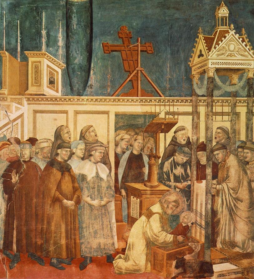 „Ustanowienie szopki w Greccio” — fresk Giotta (ok. 1297–1299): Franciszek klęka przy żłobie z Dzieciątkiem, wokół mnisi i wierni · źródło: Wikimedia Commons, domena publiczna