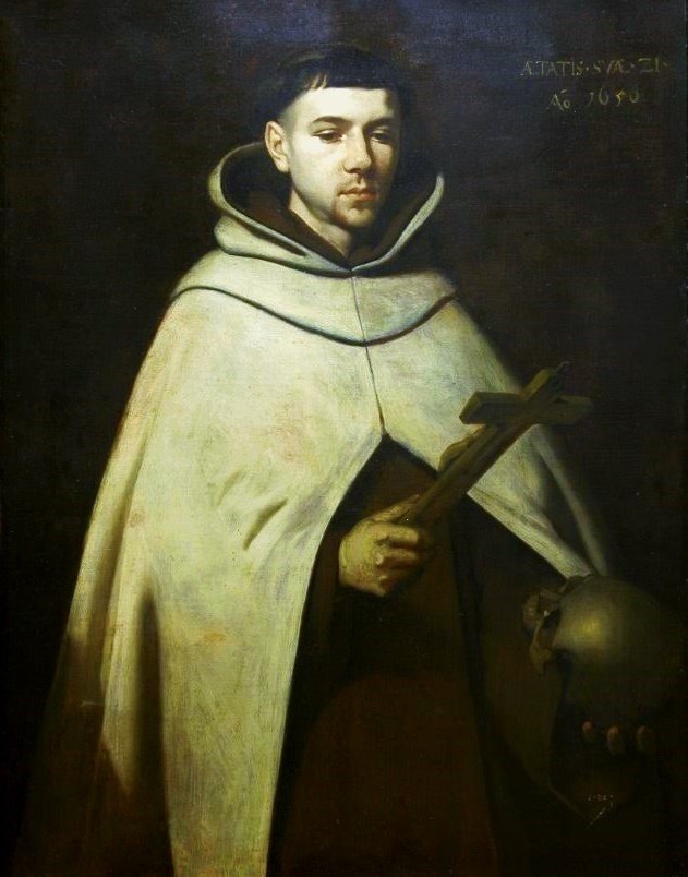 Jan od Krzyża — portret przypisywany Zurbaránowi (1656): młody karmelita z krzyżem w dłoni · źródło: Wikimedia Commons, domena publiczna