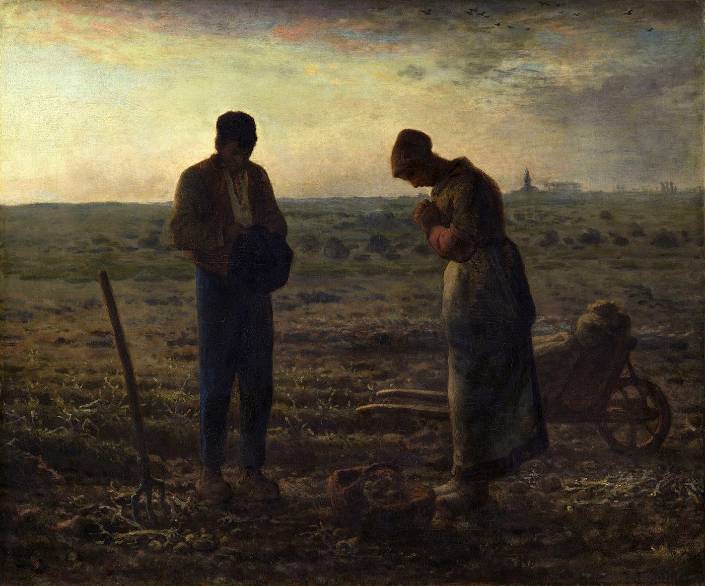 „Anioł Pański” Jeana-François Milleta (1857–1859, Musée d’Orsay): dwoje rolników przerywa pracę na polu na modlitwę o zmierzchu · źródło: Wikimedia Commons, domena publiczna