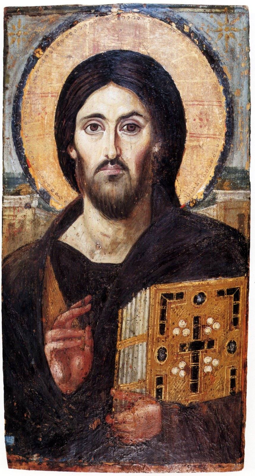 Chrystus Pantokrator — najstarsza zachowana ikona Chrystusa (VI w., klasztor św. Katarzyny na Synaju): prawa dłoń błogosławi, lewa trzyma Ewangelię · źródło: Wikimedia Commons, domena publiczna