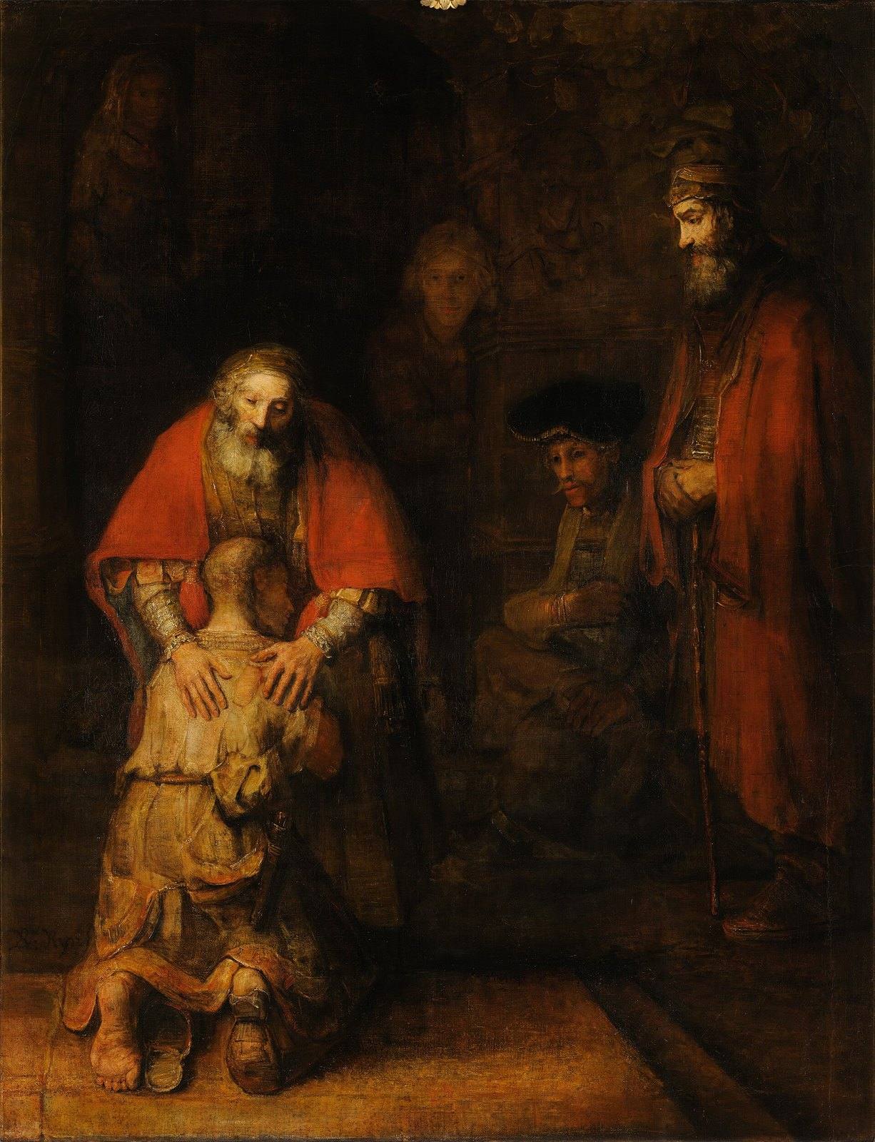 „Powrót syna marnotrawnego” Rembrandta (ok. 1668, Ermitaż): ojciec kładzie obie dłonie na plecach klęczącego syna · źródło: Wikimedia Commons, domena publiczna