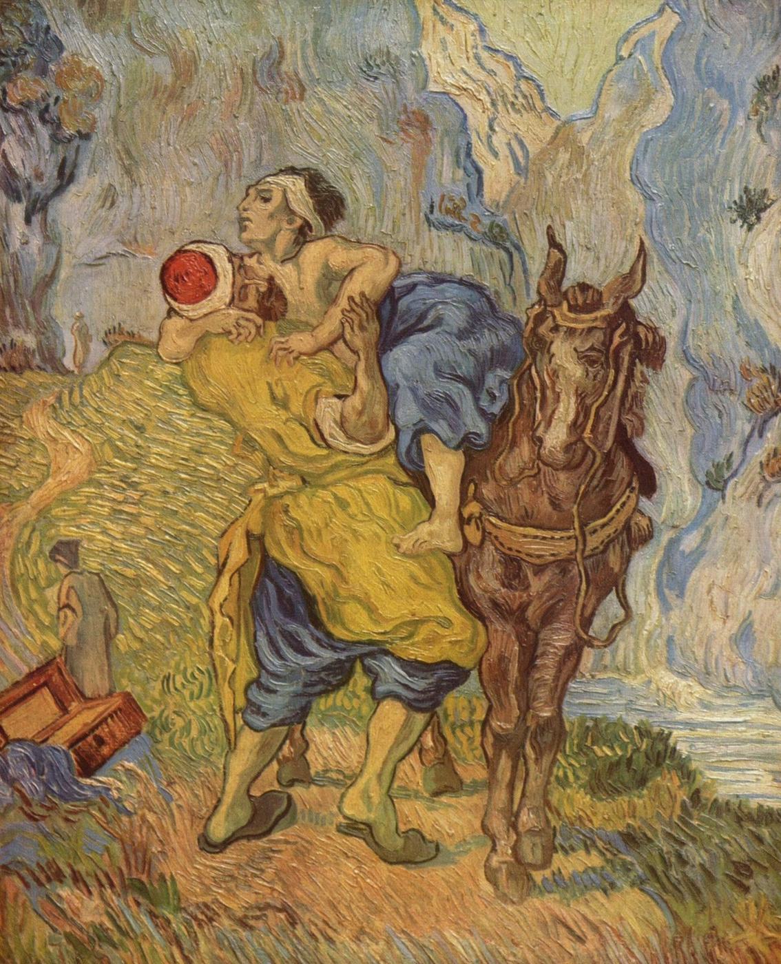 „Miłosierny Samarytanin” Vincenta van Gogha (1890, wg Delacroix): Samarytanin dźwiga rannego na muła · źródło: Wikimedia Commons, domena publiczna