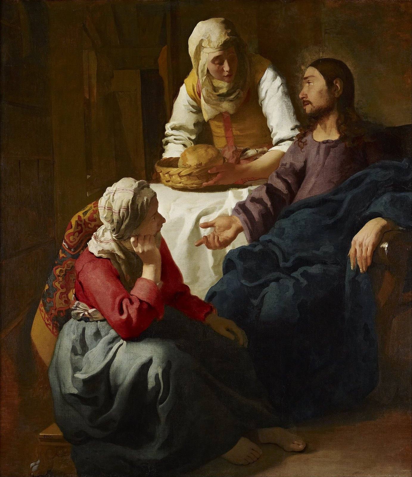 „Chrystus w domu Marty i Marii” Jana Vermeera (ok. 1655): Maria siedzi u stóp Jezusa, Marta podaje kosz z chlebem · źródło: Wikimedia Commons, domena publiczna