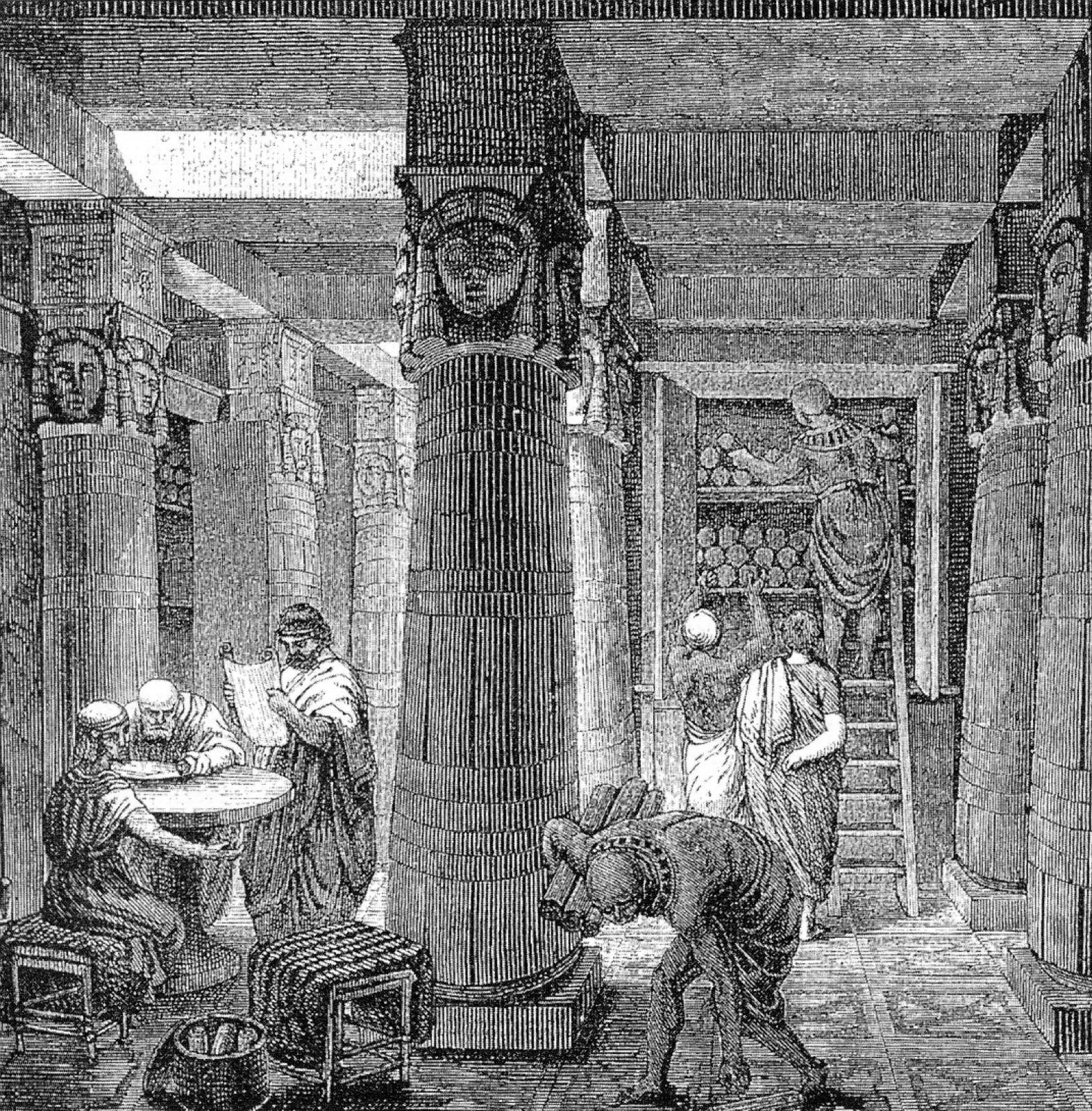 Biblioteka Aleksandryjska — artystyczna rekonstrukcja (O. Von Corven, XIX w.): uczeni wśród zwojów i półek w kompleksie Muzeum / Biblioteki