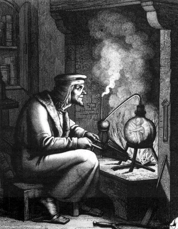 Homunkulus — XIX-wieczny miedzioryt do Fausta Goethego: alchemik siedzi przy ogniu, a w szklanej kolbie nad płomieniem kuli się maleńka ludzka postać · źródło: Wikimedia Commons, domena publiczna