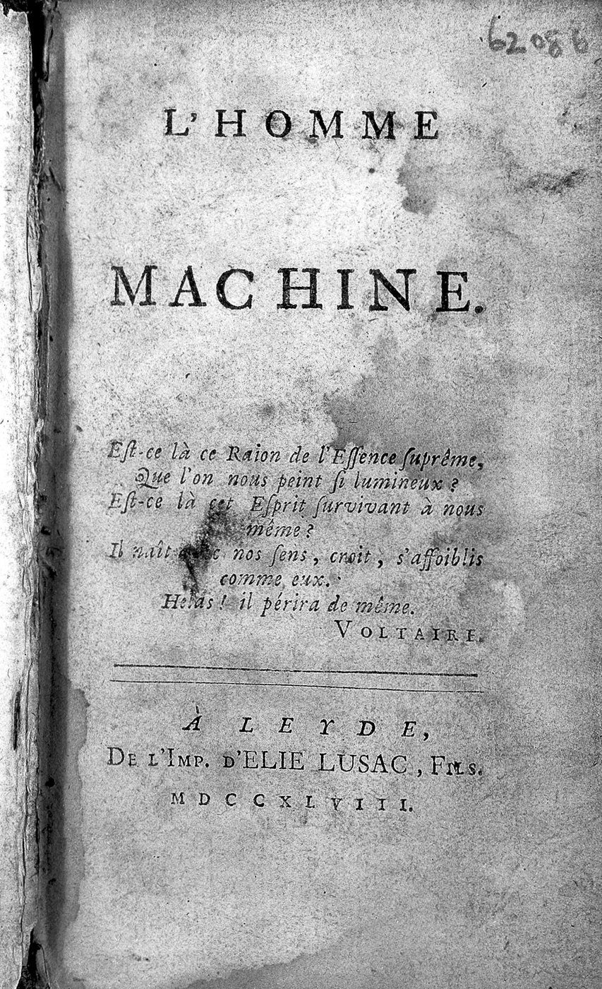 Strona tytułowa „L'Homme Machine” (Człowiek-maszyna) La Mettriego, wydanie z 1748 r. · źródło: Wellcome Collection, Wikimedia Commons, CC BY 4.0