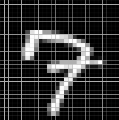 Ta sama siódemka ze zbioru MNIST widziana jako siatka 28 × 28 pikseli. Każde pole tej siatki to jedna liczba od 0 (czarne tło) do 255 (najjaśniejszy punkt kreski)