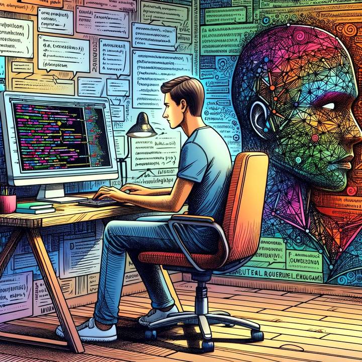 Programista przy modelu językowym — intuicja: uczymy sieć przewidywać następny token