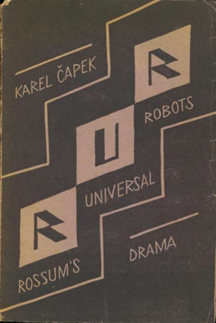 Okładka pierwszego wydania R.U.R. (wyd. Aventinum, Praga 1920) — trzy litery R · U · R rozrzucone po jasnych polach w geometrycznym, kubistycznym układzie · źródło: Wikimedia Commons, domena publiczna