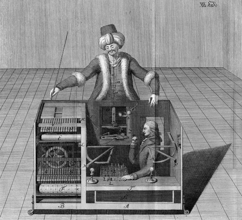 Turek Szachista w przekroju — rycina Josepha Racknitza (1789): w szafce pod szachownicą siedzi człowiek-operator, obok atrapa mechanizmu z kołami zębatymi · źródło: Wikimedia Commons, domena publiczna