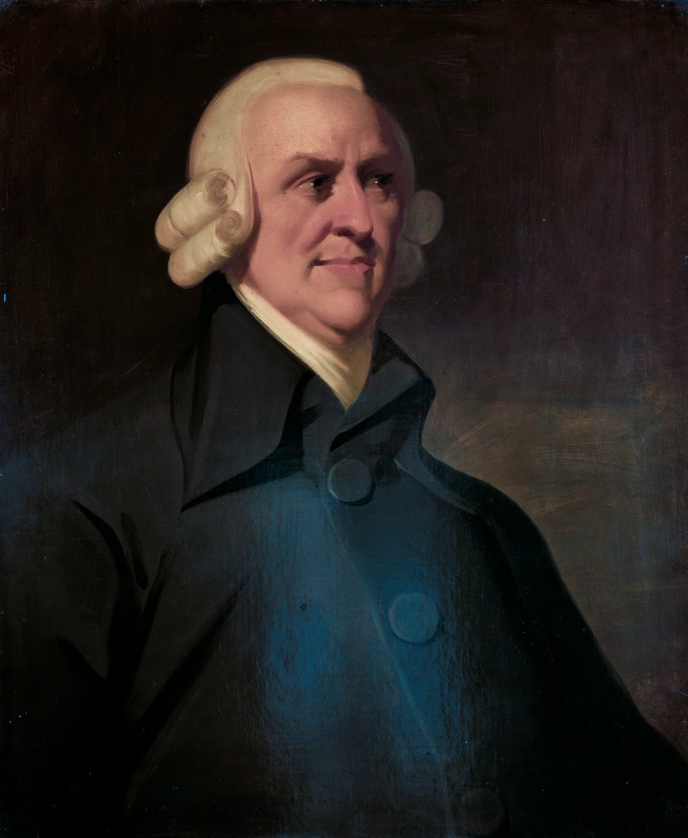 Adam Smith (1723–1790), patron liberalizmu gospodarczego: wolny rynek i ograniczone państwo jako strażnik reguł, nie architekt społeczeństwa. · źródło: autor nieznany (portret Muira), Wikimedia Commons, domena publiczna