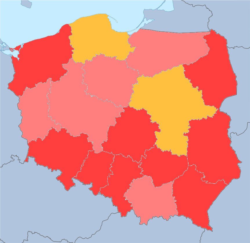 Współczynnik dzietności (TFR) w województwach Polski, 2014: niemal wszędzie poniżej progu zastępowalności pokoleń (2,1 dziecka na kobietę) — twarde tło przemian modelu rodziny. · źródło: Alto342, Wikimedia Commons, CC BY-SA 4.0
