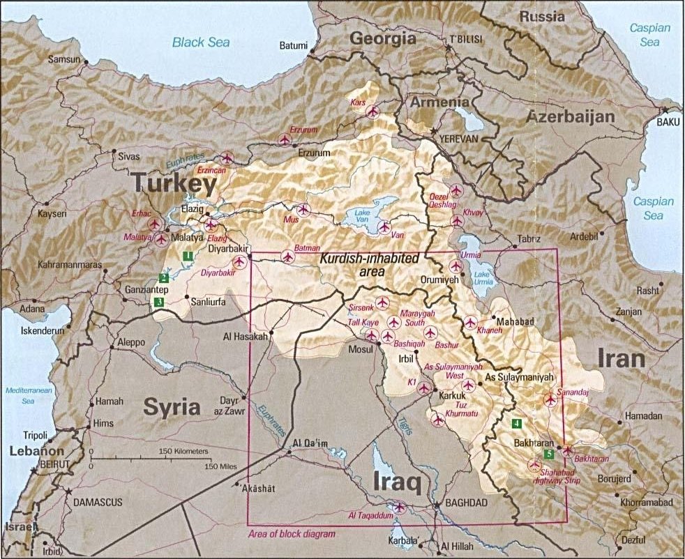 Obszary zamieszkane przez Kurdów (mapa CIA, 1992): 30–40-milionowy naród rozdzielony między Turcję, Irak, Syrię i Iran — naród bezpaństwowy, najlepszy dowód, że naród ≠ państwo. · źródło: CIA, Wikimedia Commons, domena publiczna