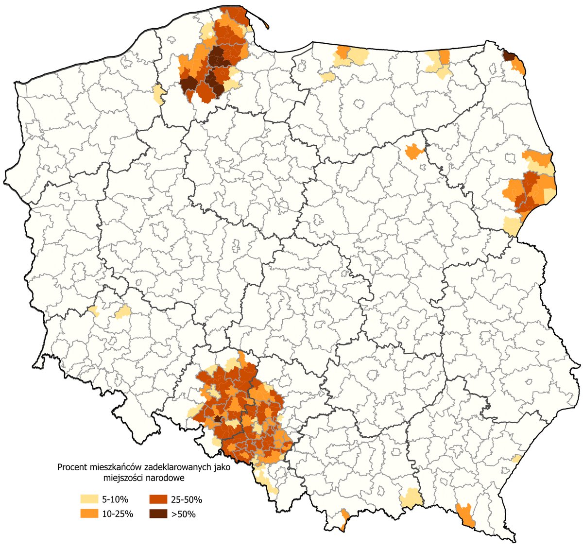 Mniejszości narodowe i etniczne w Polsce wg spisu 2021: rozmieszczenie m.in. Niemców (Opolskie), Białorusinów (Podlaskie), Ukraińców, Kaszubów (Pomorze) i Łemków. · źródło: Szturnek, Wikimedia Commons, CC BY 4.0