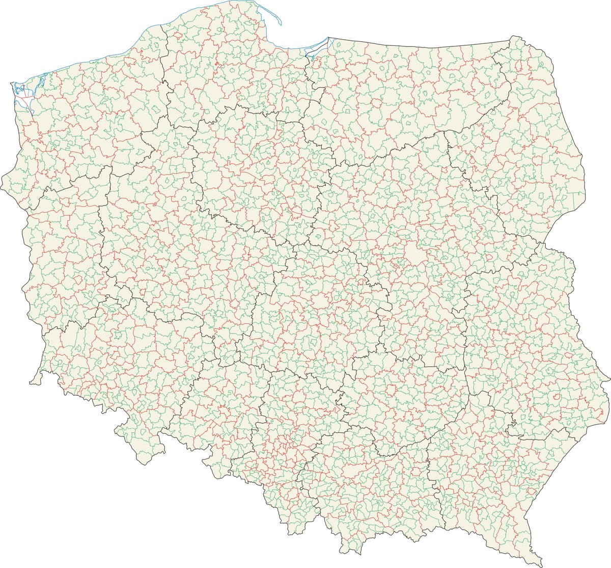 Trójstopniowy podział administracyjny Polski: gmina (zielone), powiat (czerwone) i województwo (czarne) — trzy szczeble samorządu terytorialnego, każdy z własnymi organami i zadaniami. · źródło: Aotearoa, Wikimedia Commons, CC BY-SA 3.0