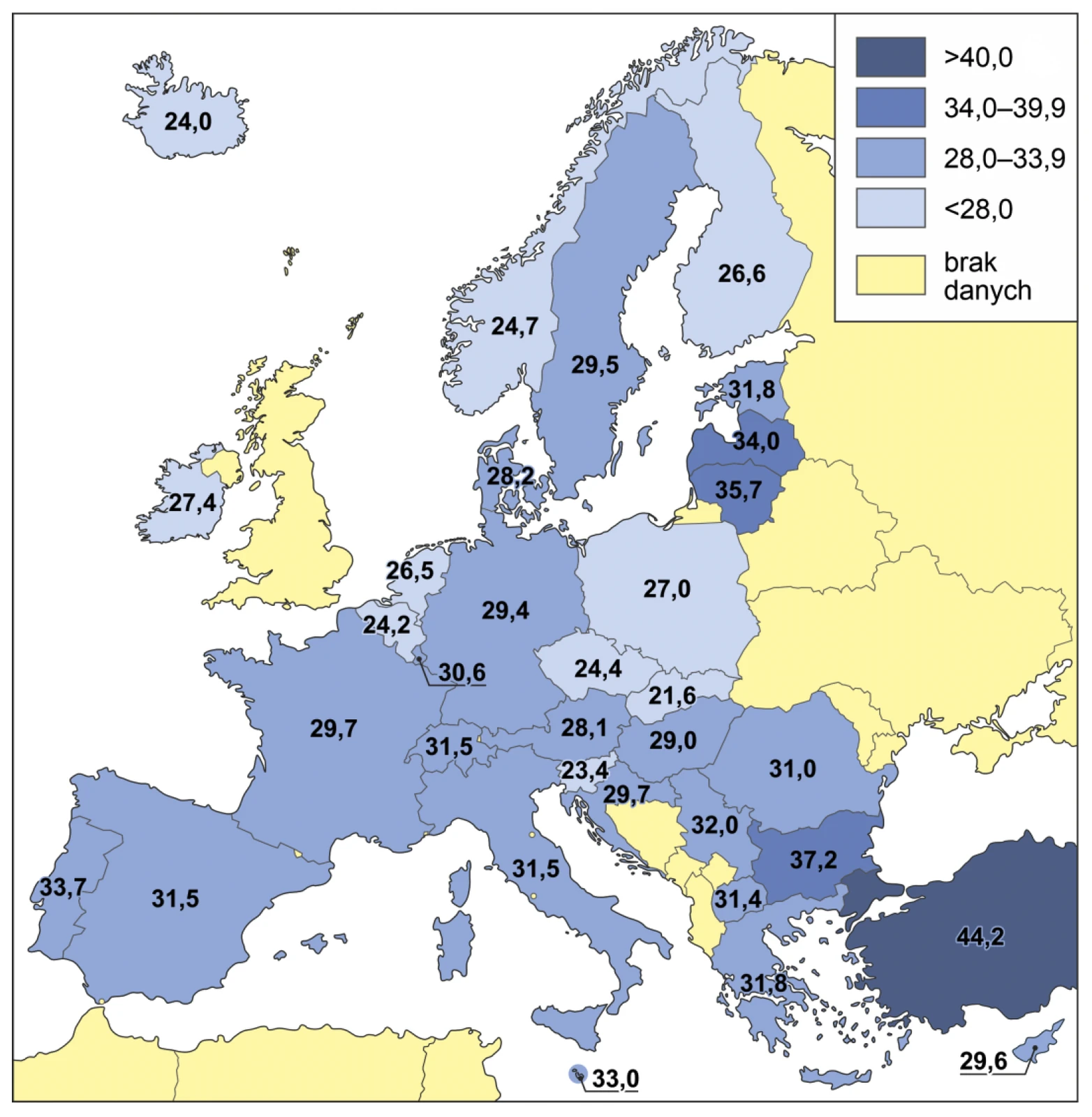 Zadanie 15 (współczynnik Giniego w Europie, 2023) · „Na podstawie: ec.europa.eu za: EuroGeographics © UN-FAO © Turkstat © Cartography: Eurostat – IMAGE, 11/2024" · CKE / Eurostat · dozwolony użytek (art. 27 pr. aut.)